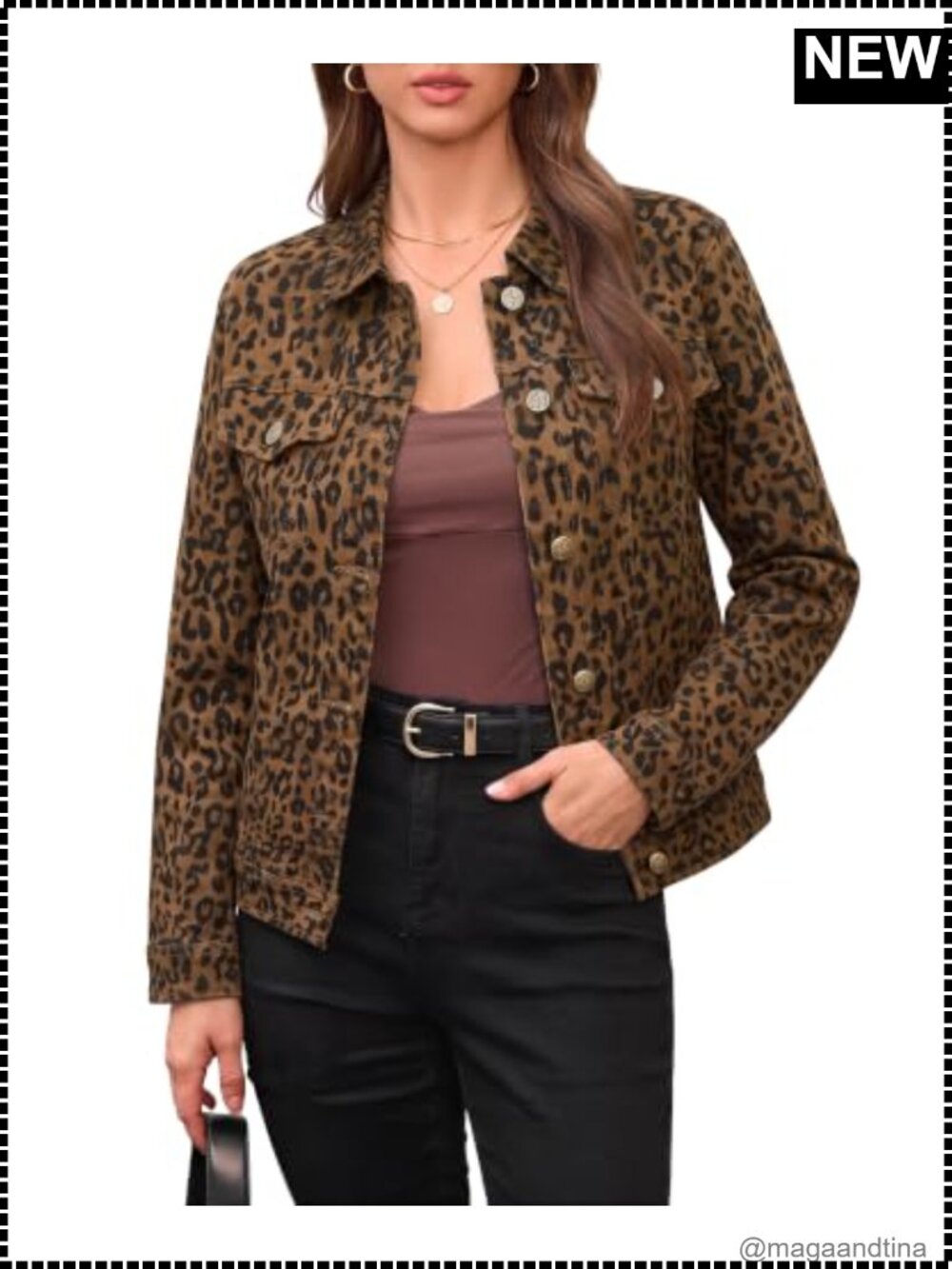 Leopard Cheetah Print Denim Trucker Jacket Cropped Stretch Casual Women